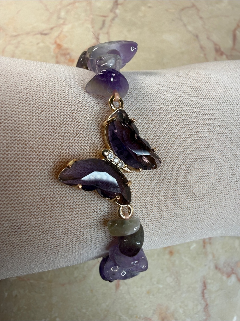 Amethyst Butterfly & Leaf Link Elastic Bracelet - Purple Gemstone Jewelry
